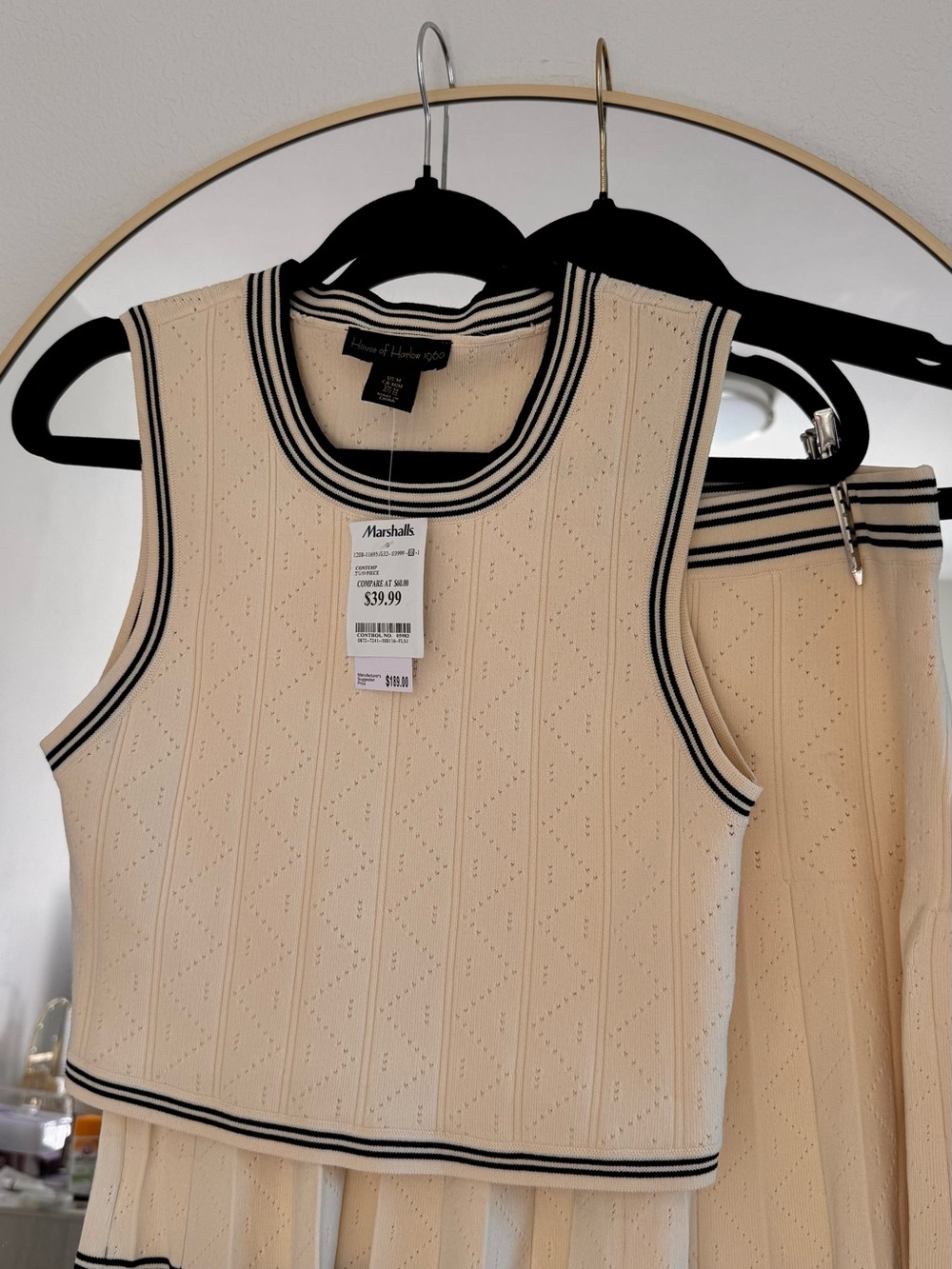 House of Harlow 1960 Cream Knit Tank & Skirt Set with Black Trim